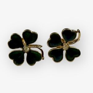Vintage Green Enamel 4 Leaf Clover Screw Back Earrings Brass